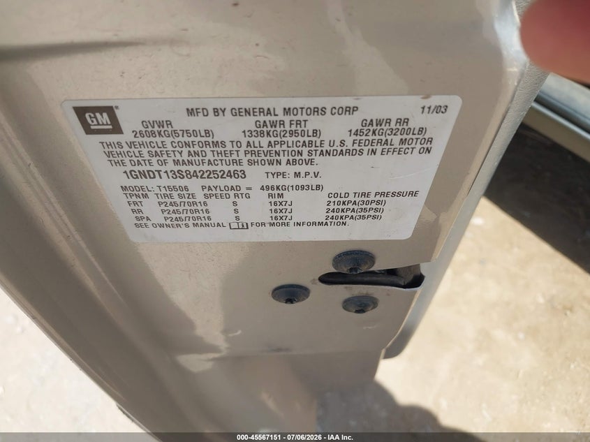 2004 Chevrolet Trailblazer VIN 1GNDT13S842252463 IAAI salvage auction — NORMAL WEAR, Clear-Dealer Only (Arizona), sold $550 on 2026-07-19 (photo 9)