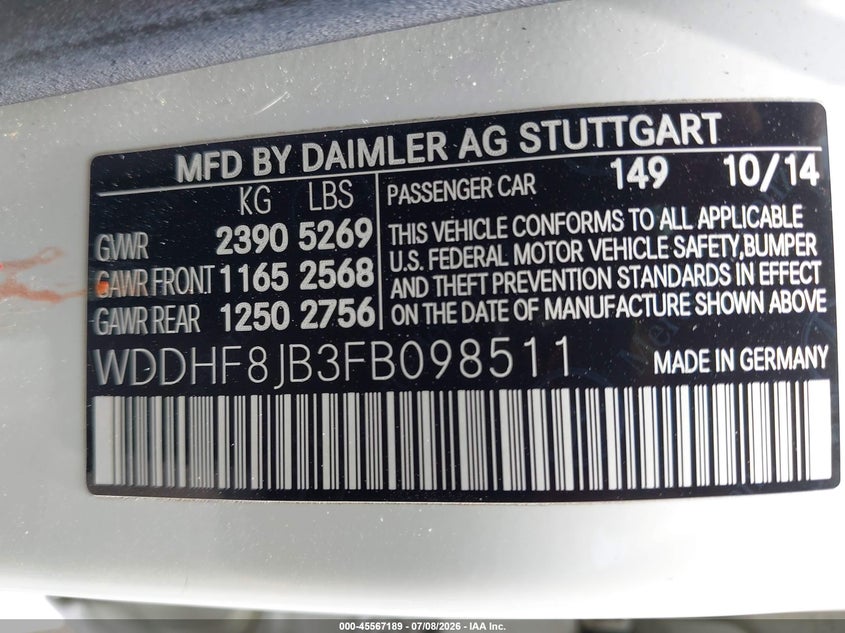 2015 Mercedes-benz E-klasse VIN WDDHF8JB3FB098511 IAAI salvage auction — FRONT END, Salvage (Ohio), sold $2,850 on 2026-08-08 (photo 9)