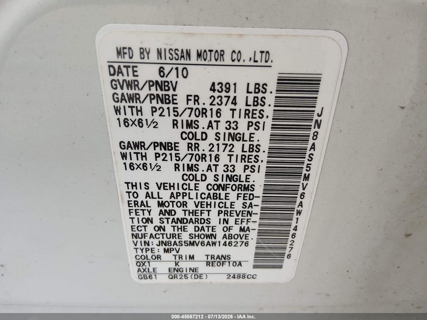 2010 Nissan Rogue sport VIN JN8AS5MV6AW146276 IAAI salvage auction — NORMAL WEAR, Clear (Virginia), sold $175 on 2026-07-23 (photo 9)