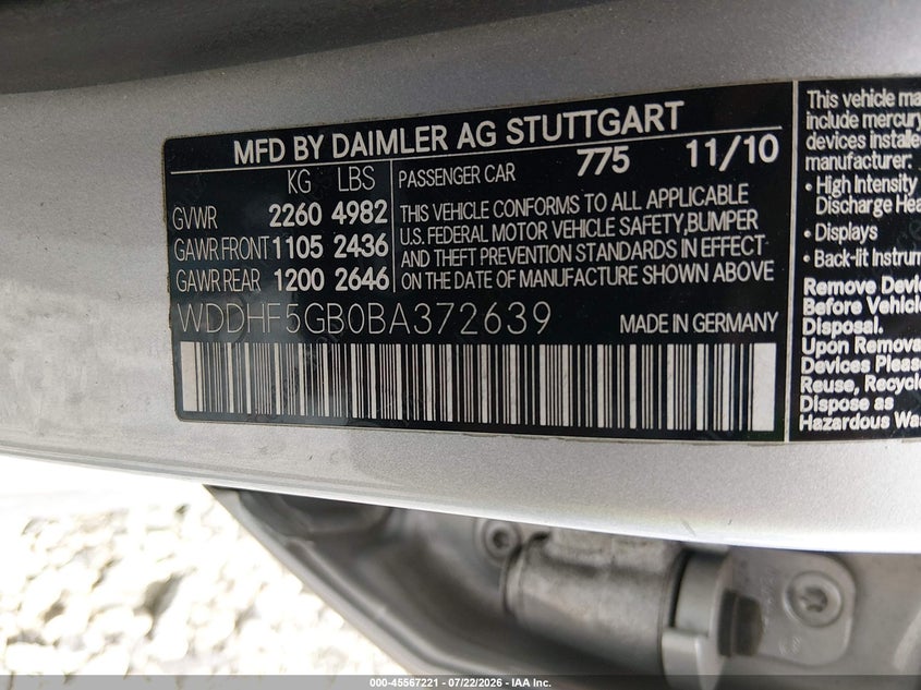 2011 Mercedes-benz E-class VIN WDDHF5GB0BA372639 IAAI salvage auction — NORMAL WEAR, Nrc Lienholder Repossession Paperwork (Georgia), sold $1,375 on 2026-08-07 (photo 9)