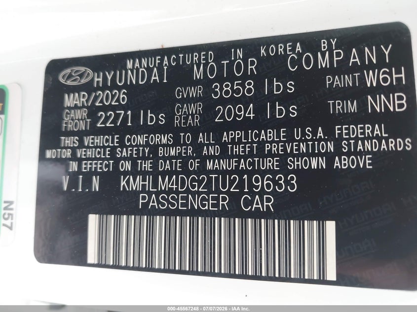 2026 Hyundai Elantra VIN KMHLM4DG2TU219633 IAAI salvage auction — RIGHT SIDE, Salvage Title, sold $9,950 on 2026-07-09 (photo 9)