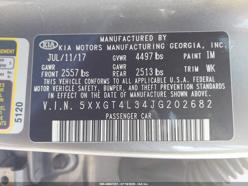 2018 Kia Optima VIN 5XXGT4L34JG202682 IAAI salvage auction — NORMAL WEAR, Clear (Pennsylvania), sold $1,000 on 2026-07-29 (photo 9)