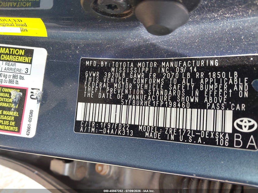 2015 Toyota Corolla VIN 5YFBURHE1FP198460 IAAI salvage auction — NORMAL WEAR, Nrc Lienholder Repossession Paperwork (Texas), sold $25 on 2026-07-29 (photo 9)
