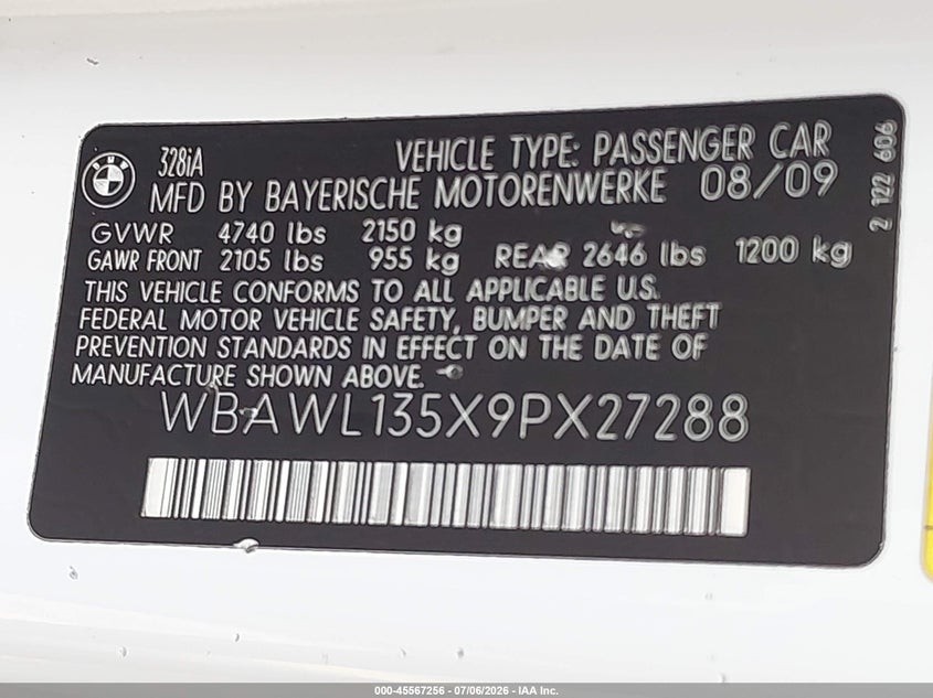 2009 BMW 3 series VIN WBAWL135X9PX27288 IAAI salvage auction — LEFT FRONT, Clear (Florida), sold $1,850 on 2026-07-09 (photo 9)