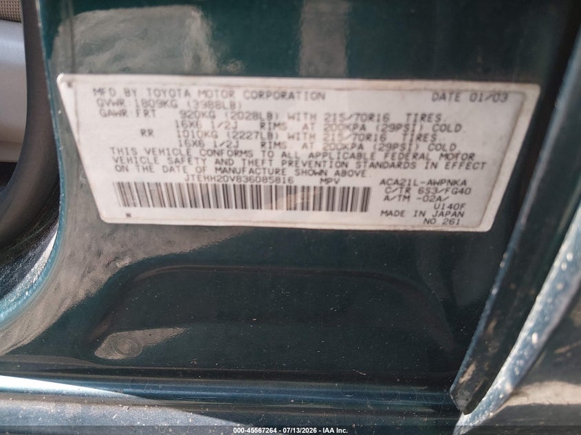 2003 Toyota Rav 4 VIN JTEHH20V836085816 IAAI salvage auction — REAR END, Clear (Massachusetts), sold $425 on 2026-07-18 (photo 9)
