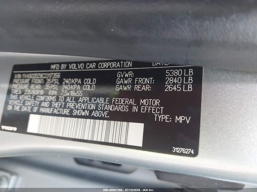 2012 Volvo Xc60 VIN YV4902DZ9C2317356 IAAI salvage auction — RIGHT SIDE, Nrc Lienholder Repossession Paperwork (Alabama), sold $450 on 2026-07-29 (photo 9)