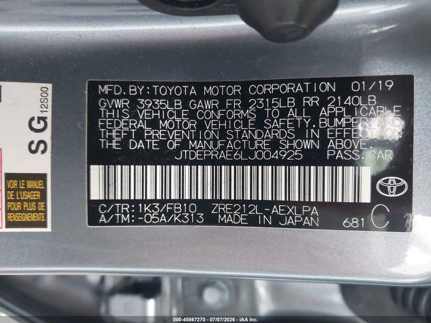 2020 Toyota Corolla VIN JTDEPRAE6LJ004925 IAAI salvage auction — FRONT END, Certificate Of Destruction (Florida), sold $1,550 on 2026-07-22 (photo 9)