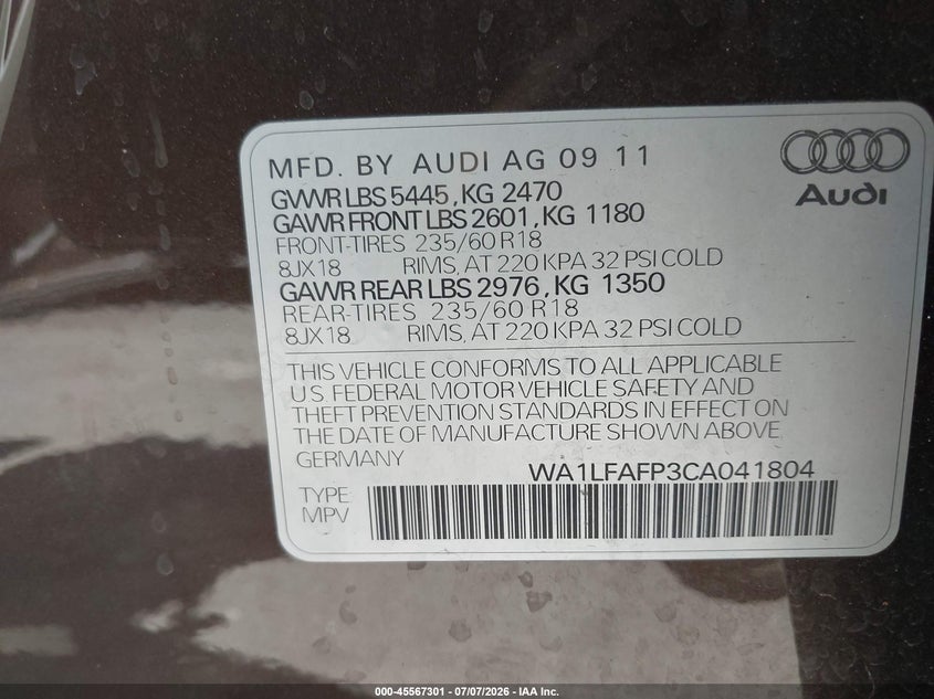2012 Audi Q5 VIN WA1LFAFP3CA041804 IAAI salvage auction — NORMAL WEAR, Clear - Dealer Only (California), sold $925 on 2026-07-09 (photo 9)