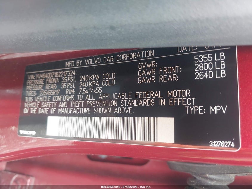 2011 Volvo Xc60 VIN YV4940DZ1B2217324 IAAI salvage auction — NORMAL WEAR, Clear (New York), sold $450 on 2026-07-21 (photo 9)