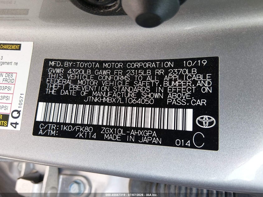 2020 Toyota C-hr VIN JTNKHMBX7L1064050 IAAI salvage auction — FRONT END, Salvage Title, sold $7,400 on 2026-07-19 (photo 9)