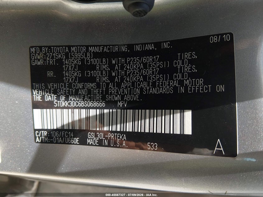 2011 Toyota Sienna VIN 5TDKK3DC6BS068666 IAAI salvage auction — NORMAL WEAR, Nrc Lienholder Repossession Paperwork (Texas), sold $1,250 on 2026-07-29 (photo 9)