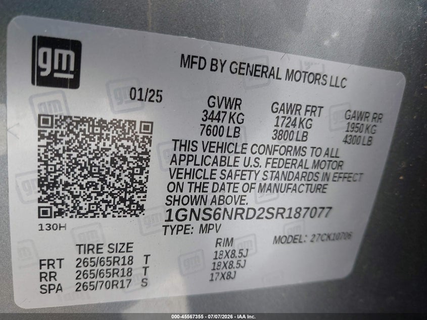 2025 Chevrolet Tahoe VIN 1GNS6NRD2SR187077 IAAI salvage auction — FRONT END, Enterprise Vehicles Clear Only (Colorado), sold $20,000 on 2026-07-09 (photo 9)