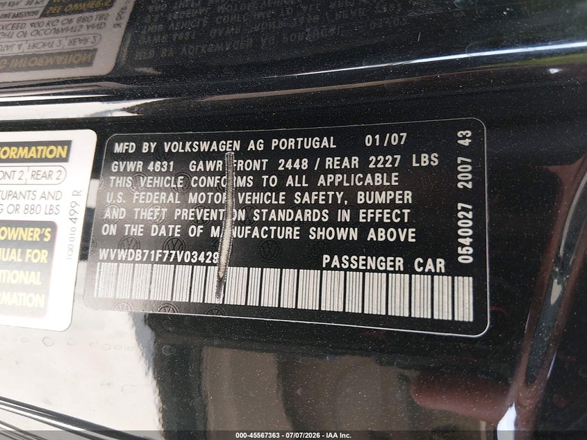2007 Volkswagen Eos VIN WVWDB71F77V034294 IAAI salvage auction — FRONT END, Rebuildable (Florida), sold $175 on 2026-08-18 (photo 9)