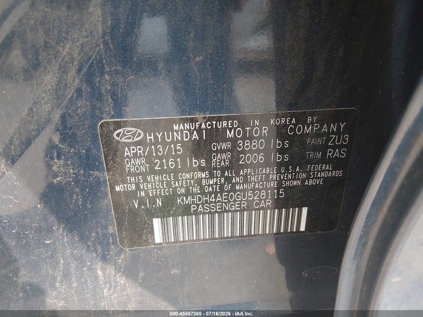 2016 Hyundai Elantra VIN KMHDH4AE0GU528115 IAAI salvage auction — THEFT, Salvage (Connecticut), sold $2,300 on 2026-07-23 (photo 9)