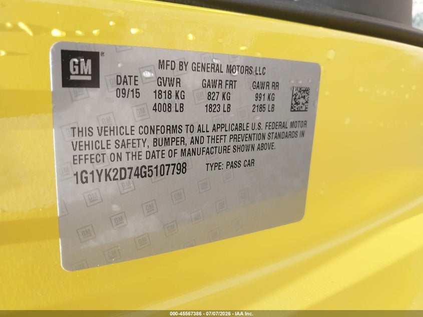 2016 Chevrolet Corvette Stingray VIN 1G1YK2D74G5107798 IAAI salvage auction — Front & Rear, Salvage (North Carolina), sold $20,100 on 2026-09-02 (photo 9)