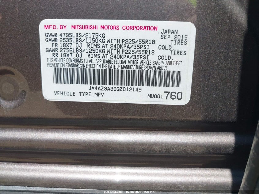 2016 Mitsubishi Outlander VIN JA4AZ3A39GZ012149 IAAI salvage auction — NORMAL WEAR, Original (Ohio), sold $350 on 2026-07-16 (photo 9)