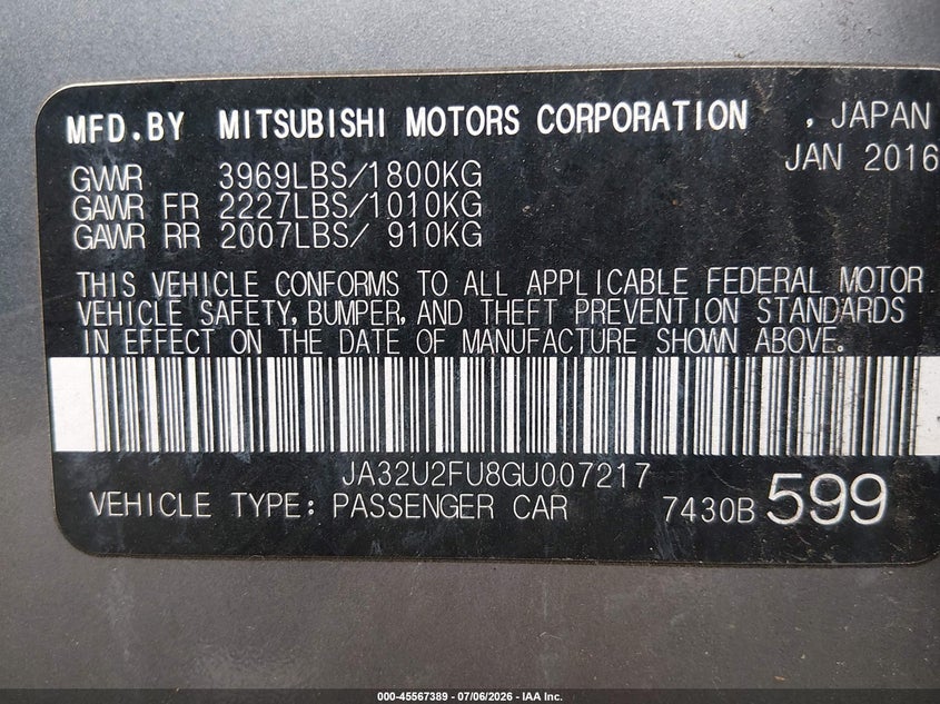 2016 Mitsubishi Lancer VIN JA32U2FU8GU007217 IAAI salvage auction — NORMAL WEAR, Clear (New Jersey), sold $1,225 on 2026-07-30 (photo 9)