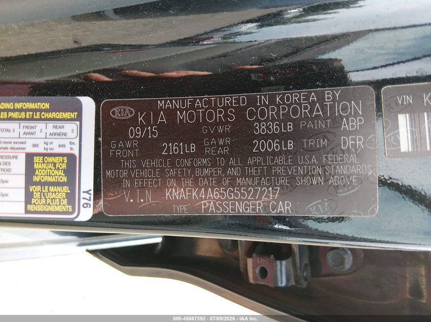 2016 Kia Forte VIN KNAFK4A65G5527217 IAAI salvage auction — REAR END, Salvage (New Jersey), sold $225 on 2026-07-28 (photo 9)