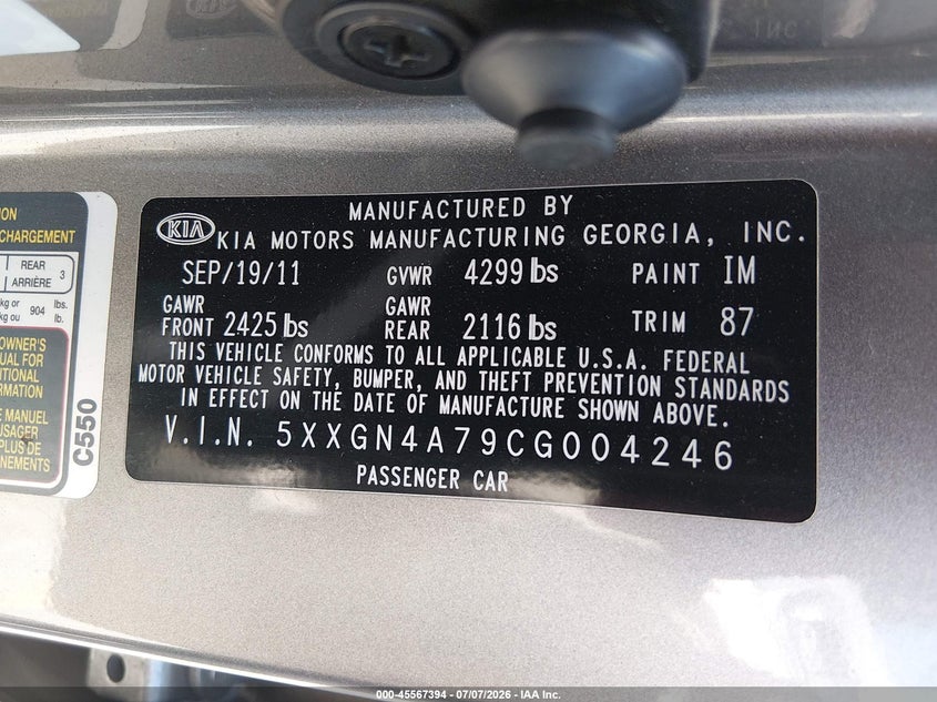 2012 Kia Optima VIN 5XXGN4A79CG004246 IAAI salvage auction — LEFT REAR, Salvage (California), sold $25 on 2026-07-21 (photo 9)