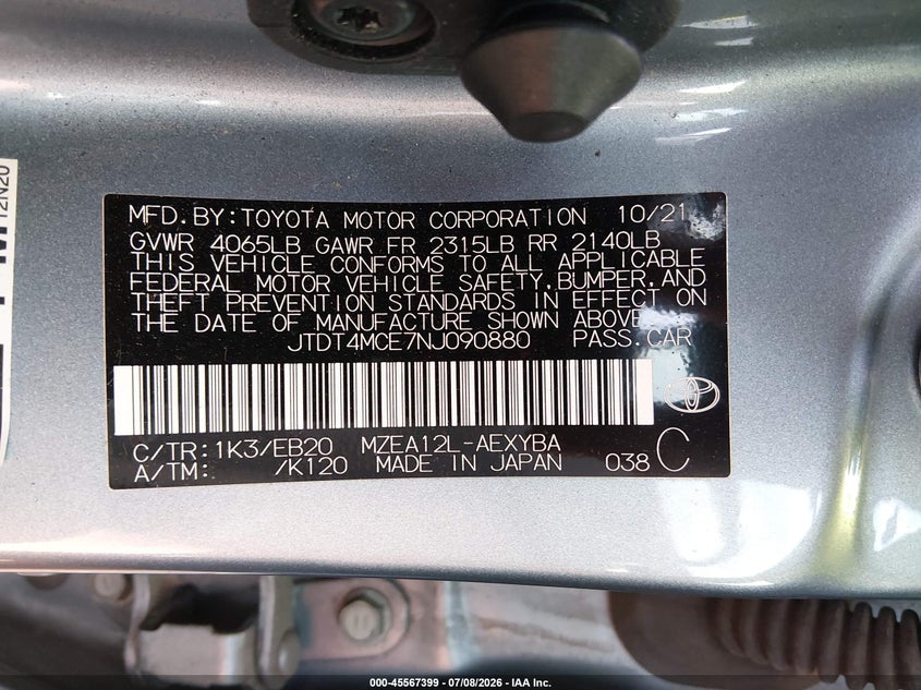 2022 Toyota Corolla VIN JTDT4MCE7NJ090880 IAAI salvage auction — FRONT END, Salvage Title, sold $7,250 on 2026-07-29 (photo 9)