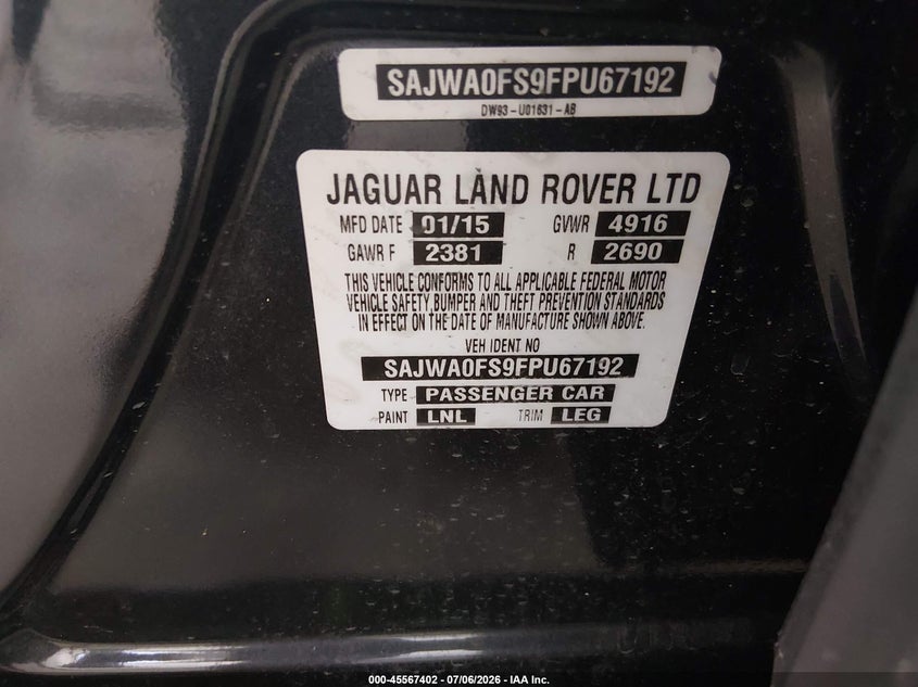 2015 Jaguar Xf VIN SAJWA0FS9FPU67192 IAAI salvage auction — NORMAL WEAR, Salvage Title, sold $350 on 2026-07-24 (photo 9)