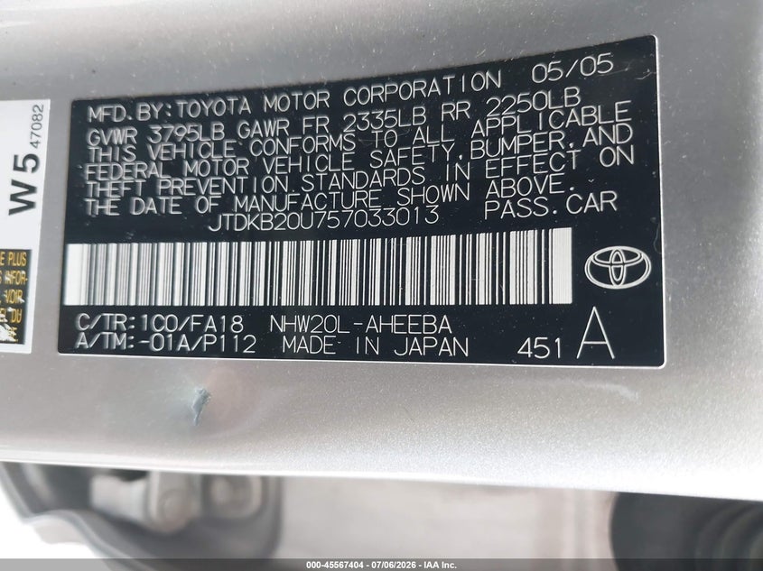 2005 Toyota Prius VIN JTDKB20U757033013 IAAI salvage auction — NORMAL WEAR, Clear (Indiana), sold $350 on 2026-07-29 (photo 9)