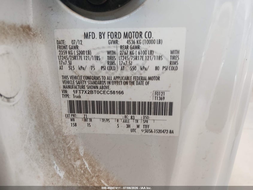 2012 Ford F-550 super duty VIN 1FT7X2BT0CEC58166 IAAI salvage auction — NORMAL WEAR, Sf97 (Oklahoma), sold $22,100 on 2026-08-03 (photo 9)