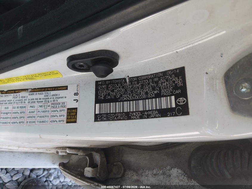 2014 Toyota Prius VIN JTDKN3DU0E0381834 IAAI salvage auction — NORMAL WEAR, Clear (Alabama), sold $2,650 on 2026-07-16 (photo 9)