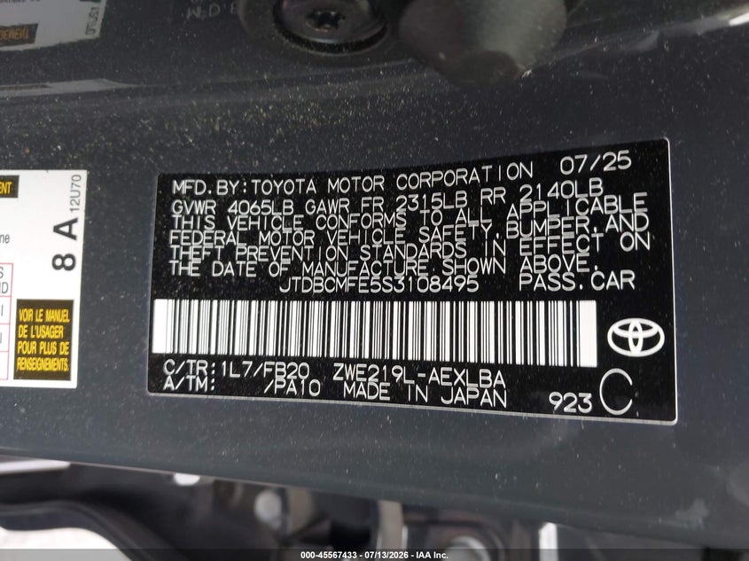 2025 Toyota Corolla VIN JTDBCMFE5S3108495 IAAI salvage auction — FRONT END, Salvage (California), sold $8,700 on 2026-07-31 (photo 9)