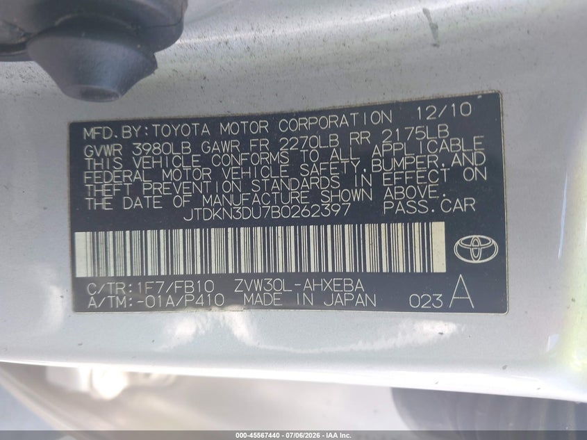 2011 Toyota Prius VIN JTDKN3DU7B0262397 IAAI salvage auction — NORMAL WEAR, Clear - Dealer Only (California), sold $2,700 on 2026-07-27 (photo 9)