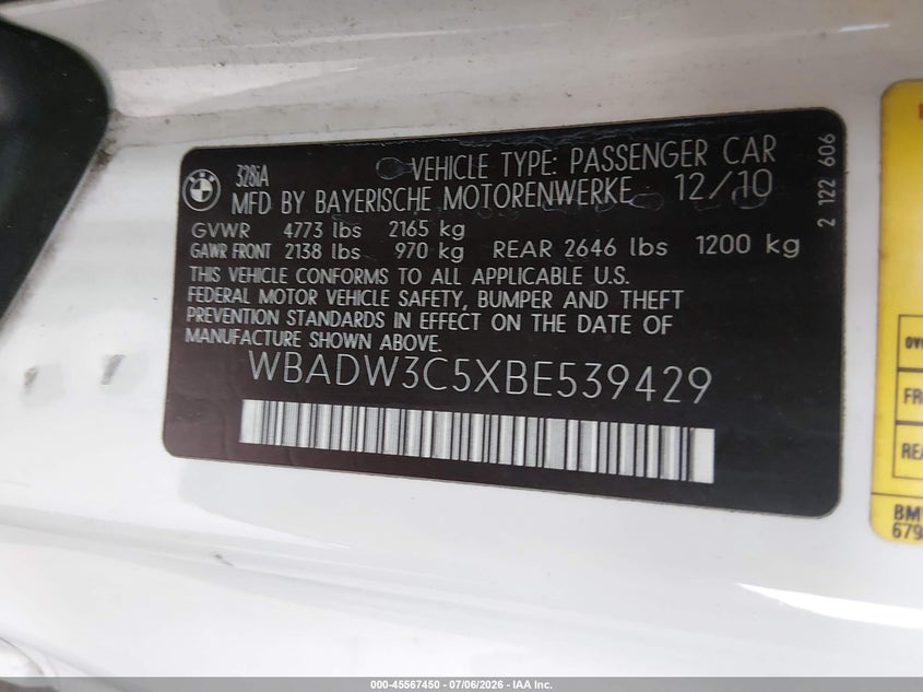 2011 BMW 3 series VIN WBADW3C5XBE539429 IAAI salvage auction — NORMAL WEAR, Original (Texas), sold $625 on 2026-07-10 (photo 9)