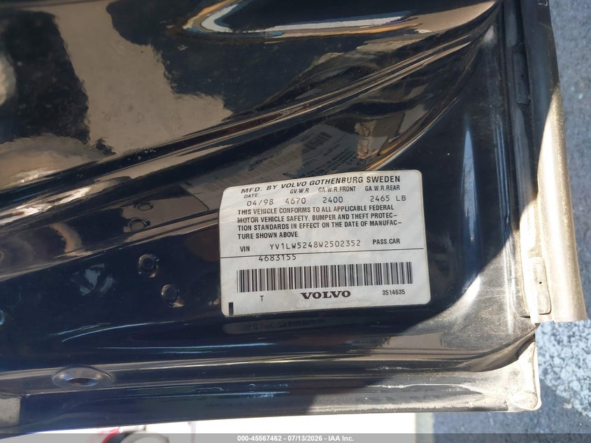 1998 Volvo V70 VIN YV1LW5248W2502352 IAAI salvage auction — NORMAL WEAR, Clear (Oregon), sold $250 on 2026-07-28 (photo 9)