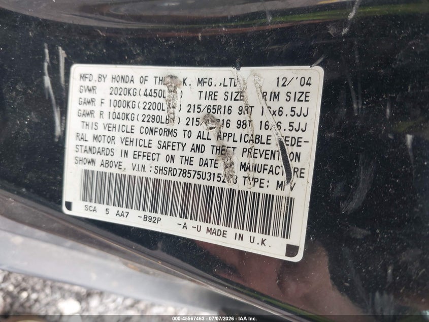2005 Honda Cr-v VIN SHSRD78575U315223 IAAI salvage auction — NORMAL WEAR, Clear (New Jersey), sold $500 on 2026-07-28 (photo 9)