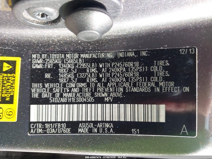 2014 Toyota Highlander VIN 5TDZARFH1ES004505 IAAI salvage auction — RIGHT SIDE, Salvage Title, sold $5,800 on 2026-07-23 (photo 9)