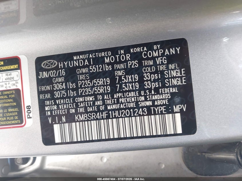2017 Hyundai Santa fe VIN KM8SR4HF1HU201243 IAAI salvage auction — LEFT FRONT, Rebuildable (Florida), sold $3,700 on 2026-07-28 (photo 9)