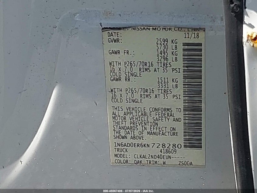 2019 Nissan Frontier VIN 1N6AD0ER6KN728280 IAAI salvage auction — LEFT SIDE, Clear (Florida), sold $4,350 on 2026-07-09 (photo 9)