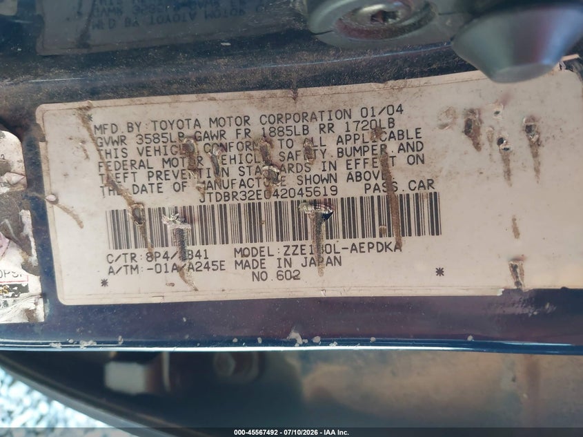 2004 Toyota Corolla VIN JTDBR32E042045619 IAAI salvage auction — NORMAL WEAR, Clear (Georgia), sold $425 on 2026-07-27 (photo 9)