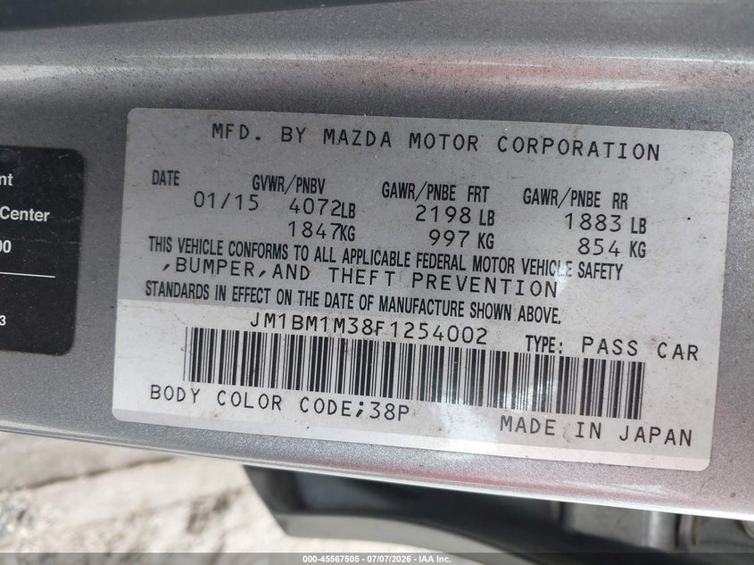 2015 Mazda 3 VIN JM1BM1M38F1254002 IAAI salvage auction — NORMAL WEAR, Clear (New Jersey), sold $4,400 on 2026-07-14 (photo 8)