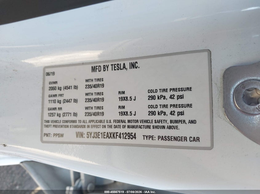 2019 Tesla Model 3 VIN 5YJ3E1EAXKF412954 IAAI salvage auction — REAR END, Salvage Certificate (California), sold $4,550 on 2026-07-31 (photo 9)