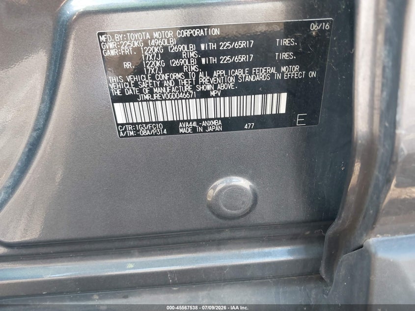 2016 Toyota Rav 4 VIN JTMRJREV0GD046671 IAAI salvage auction — FRONT END, Mv-907A (New York), sold $3,100 on 2026-07-28 (photo 9)