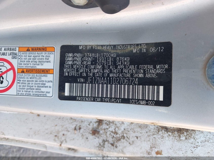 2013 Scion Fr-s VIN JF1ZNAA11D2706724 IAAI salvage auction — NORMAL WEAR, Regular Certificate (Iowa), sold $1,100 on 2026-07-28 (photo 9)