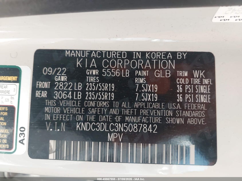 2022 Kia Ev6 VIN KNDC3DLC3N5087842 IAAI salvage auction — REAR END, Salvage Title, sold $9,500 on 2026-08-20 (photo 9)