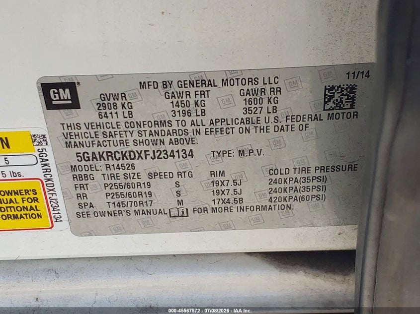 2015 Buick Enclave VIN 5GAKRCKDXFJ234134 IAAI salvage auction — NORMAL WEAR, Certificate Of Origin (Louisiana), sold $775 on 2026-08-01 (photo 9)