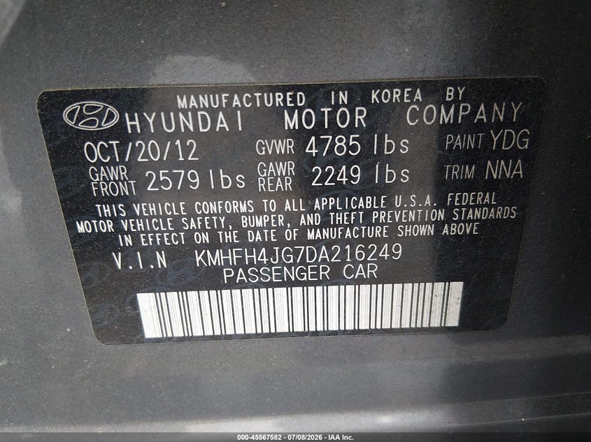 2013 Hyundai Azera VIN KMHFH4JG7DA216249 IAAI salvage auction — NORMAL WEAR, Clear (North Carolina), sold $600 on 2026-07-29 (photo 9)