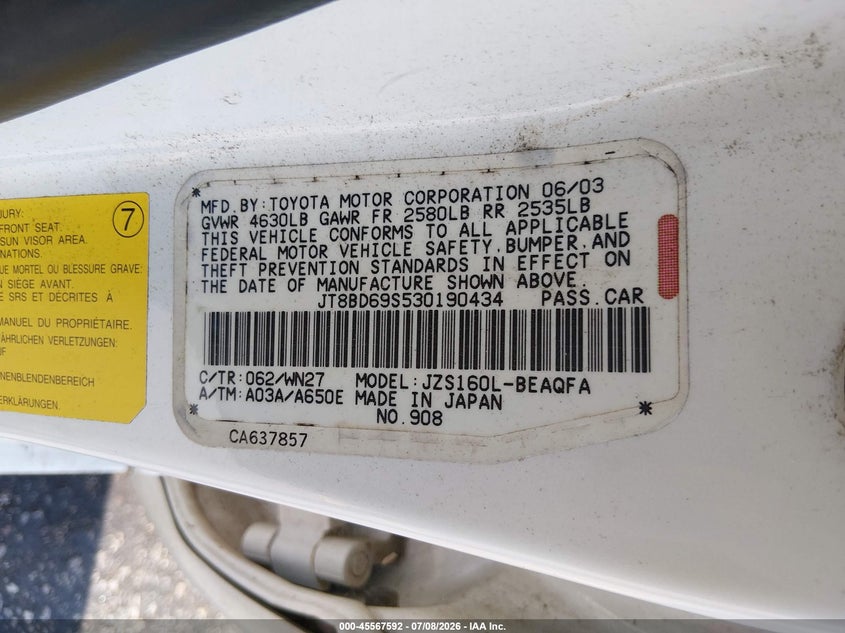 2003 Lexus Gs 300 VIN JT8BD69S530190434 IAAI salvage auction — NORMAL WEAR, Clear (South Carolina), sold $25 on 2026-07-29 (photo 9)