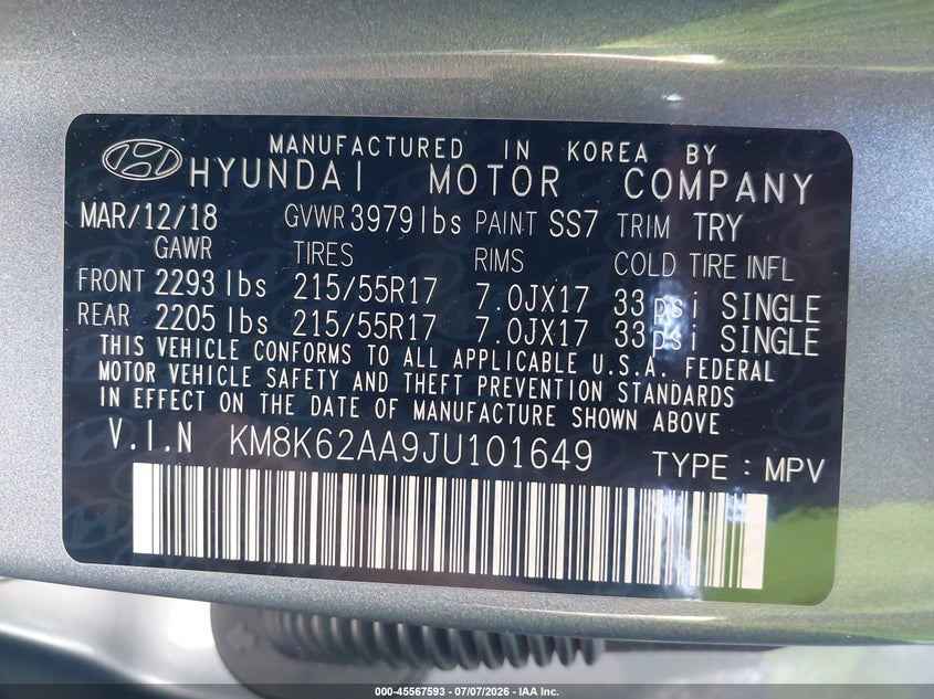 2018 Hyundai Kona VIN KM8K62AA9JU101649 IAAI salvage auction — FRONT END, Salvage Certificate (California), sold $25 on 2026-07-22 (photo 9)