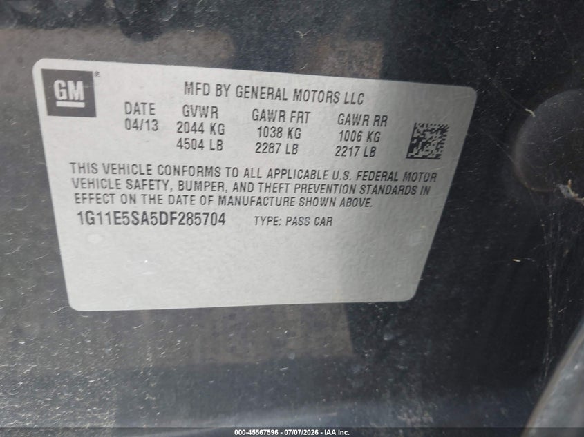 2013 Chevrolet Malibu VIN 1G11E5SA5DF285704 IAAI salvage auction — NORMAL WEAR, Original (Texas), sold $325 on 2026-07-17 (photo 9)