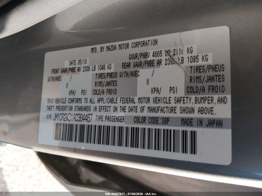 2010 Mazda 5 VIN JM1CR2W31A0384467 IAAI salvage auction — NORMAL WEAR, Clear (Missouri), sold $1,975 on 2026-07-16 (photo 9)