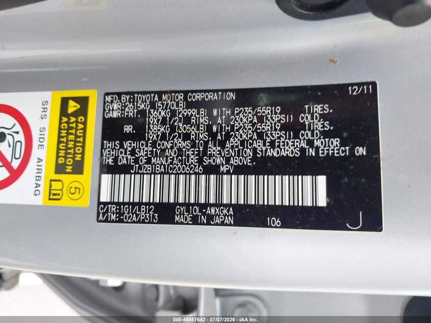2012 Lexus Rx VIN JTJZB1BA1C2006246 IAAI salvage auction — REAR END, Salvage (Texas), sold $3,250 on 2026-07-22 (photo 9)