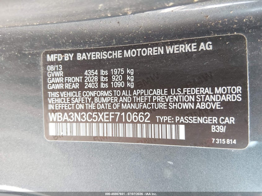 2014 BMW 4er VIN WBA3N3C5XEF710662 IAAI salvage auction — NORMAL WEAR, Clear (North Carolina), sold $1,850 on 2026-07-29 (photo 9)